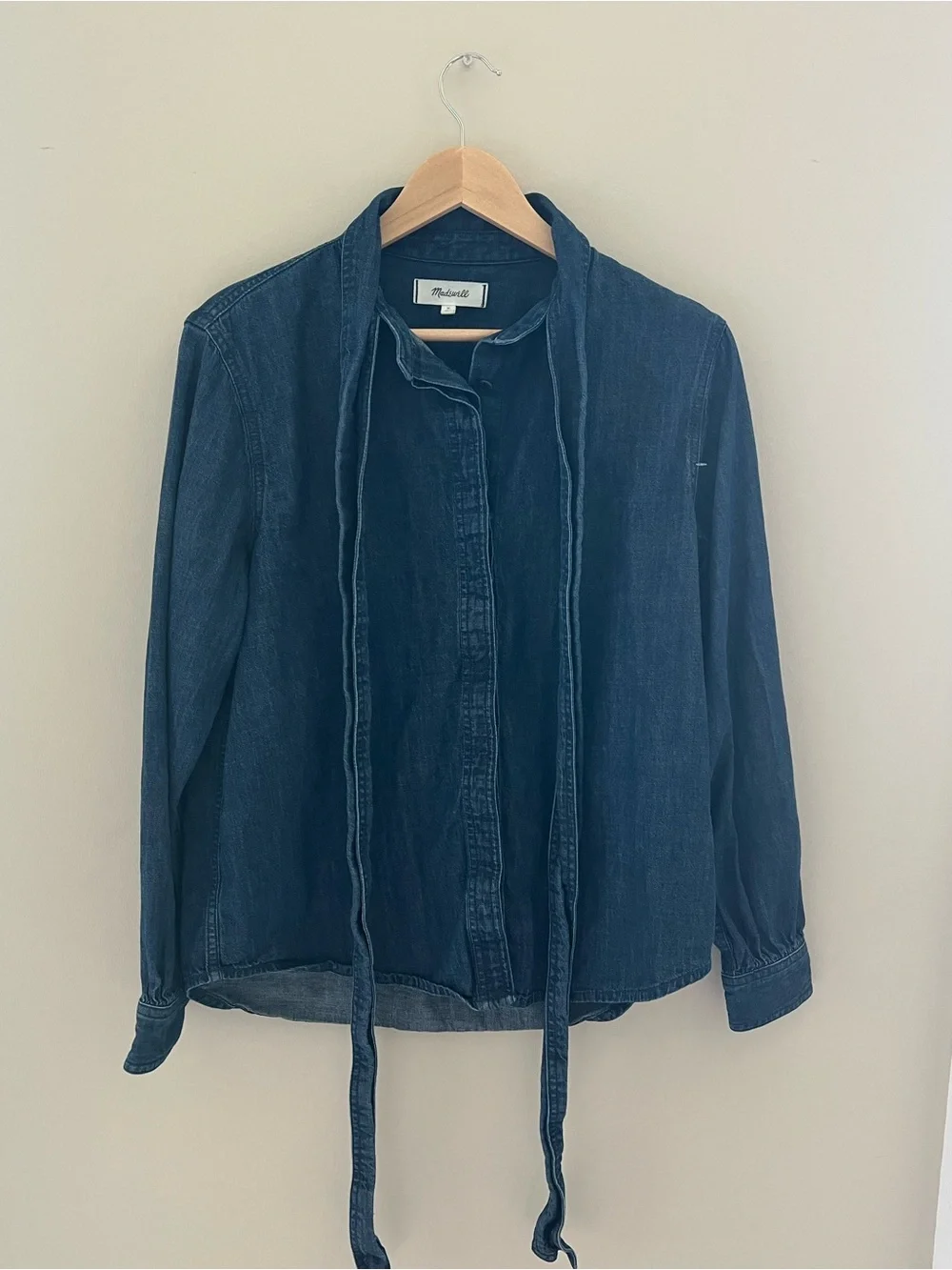 Madewell Tie-Neck Chambray Denim Button-Down Shirt Blouse Medium Blue Stretch - Picture 4 of 14